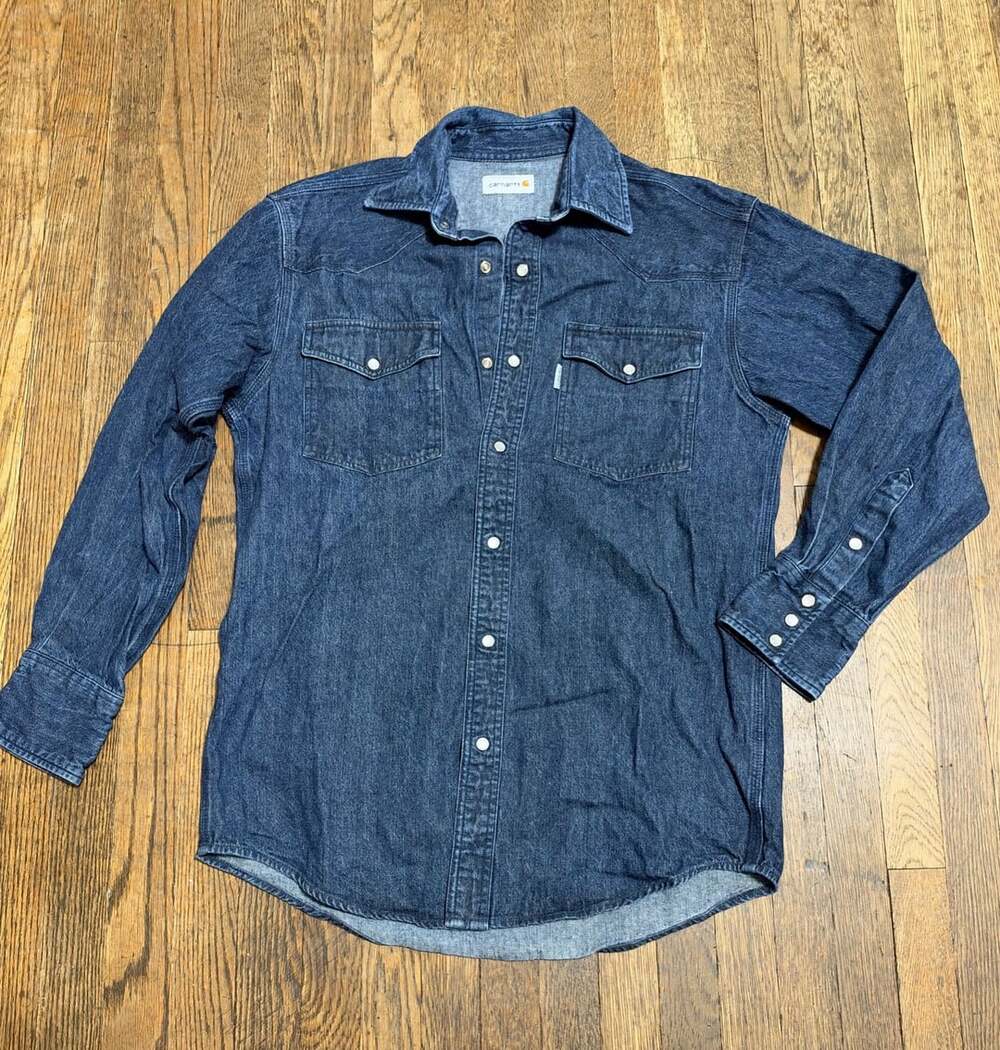 Vintage Carhartt LongSleeve Denim Western Shirt Pearl Snaps Workwear Outdoor M/L